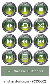 A set of 12 shiny green media buttons with metallic borders. Eps10 Vector.