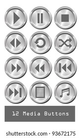 A set of 12 shiny metallic media buttons.