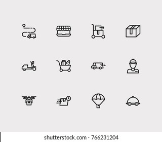 Set of 12 shipment icon line style set with lorry delivery truck, delivery truck route and courier delivery guy elements including van shipment icon for your web site mobile app logo UI design.