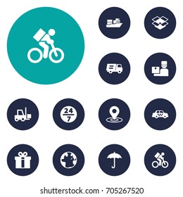 Set Of 12 Shipment Icons Set.Collection Of Transportation, Cab, Lorry And Other Elements.
