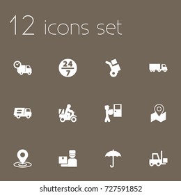 Set Of 12 Shipment Icons Set.Collection Of Pinpoint, Scooter, Courier And Other Elements.