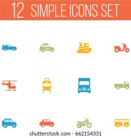 Set Of 12 Shipping Icons Set.Collection Of Taxicab, Truck, Copter And Other Elements.
