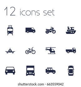Set Of 12 Shipping Icons Set.Collection Of Bicycle, Car, Aircraft And Other Elements.
