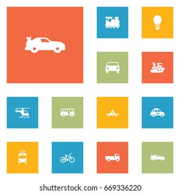 Set Of 12 Shipping Icons Set.Collection Of Airship, Streetcar, Boat And Other Elements.