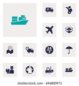 Set Of 12 Shipping Icons Set.Collection Of Parcel, Transportation, World And Other Elements.