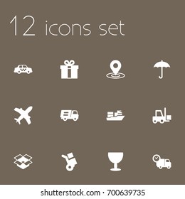 Set Of 12 Shipping Icons Set.Collection Of Transportation, Van, Aircraft And Other Elements.