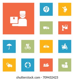 Set Of 12 Shipping Icons Set.Collection Of Umbrella, Van, Cab And Other Elements.