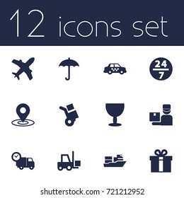 Set Of 12 Shipping Icons Set.Collection Of Service, Deliveryman, Aircraft And Other Elements.