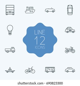 Set Of 12 Shipping Outline Icons Set.Collection Of Car, Ship, Lorry And Other Elements.
