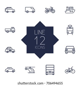Set Of 12 Shipping Outline Icons Set.Collection Of Truck, Car, Helicopter And Other Elements.