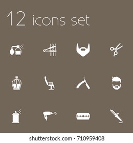Set Of 12 Shop Icons Set.Collection Of Blow-Dryer, Razor, Hipster And Other Elements.