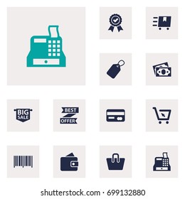 Set Of 12 Shopping Icons Set.Collection Of Advertising, Identification Code, Billfold And Other Elements.