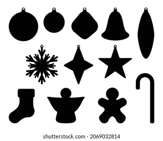 Set of 12 silhouettes of christmas decorations. Dark shapes and outlines of ornaments visible in restricted light against a brighter background