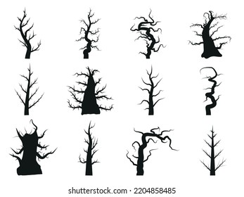 Set of 12 silhouettes of dry trees of various shapes