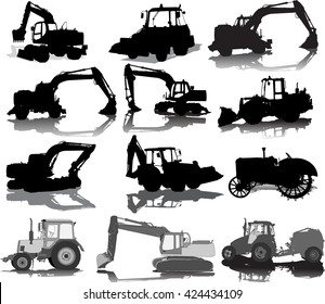 Set of 12 silhouettes of a tractors of road service