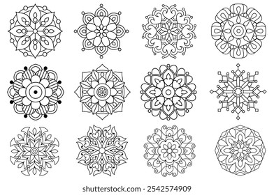 set of 12 simple and easy mandala for kids coloring book, cute mandala art
