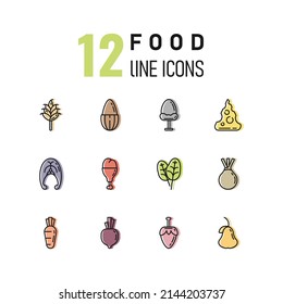 Set of 12 simple food line icons for mobile app about healthy food. Flat vector outline meat, fruits and vegetables isolated on white background. 