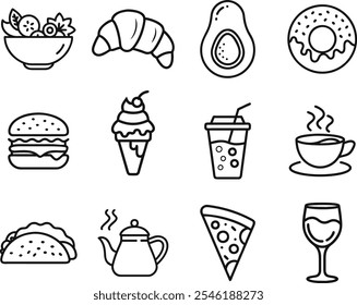 A set of 12 simple line icons depicting various food and drinks, including fruit salad, croissant, avocado, donut, burger, ice cream, iced drink, coffee, taco, teapot, pizza, and wine glass.