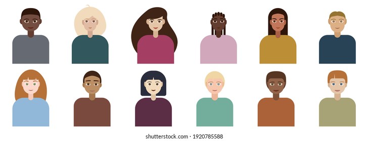 Set of 12 simple people icons. Multiethnic avatars. Flat style images of different persons.