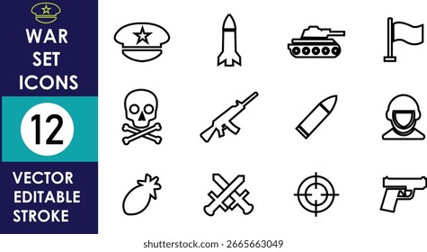 Conjunto de 12 iconos de guerra simples que incluyen gorra, cohete, tanque, bandera, cráneo, rifle, bala, soldado, granada, espadas cruzadas, objetivo y contorno de pistola