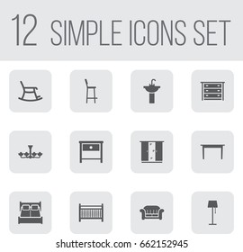 Set Of 12 Situation Icons Set.Collection Of Bedroom, Luster, Couch And Other Elements.