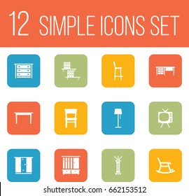 Set Of 12 Situation Icons Set.Collection Of Stool, Bookcase, Wardrobe And Other Elements.