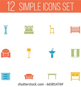 Set Of 12 Situation Icons Set.Collection Of Bedroom, Commode, Couch And Other Elements.