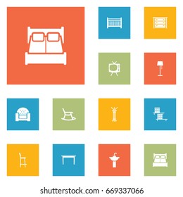 Set Of 12 Situation Icons Set.Collection Of Television, Chair, Cot And Other Elements.