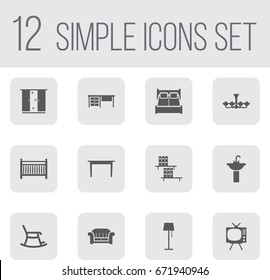 Set Of 12 Situation Icons Set.Collection Of Worktop, Rocking Furniture, Desk And Other Elements.