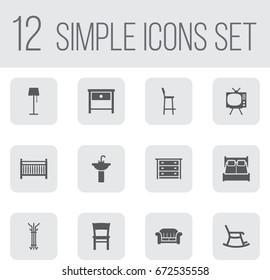 Set Of 12 Situation Icons Set.Collection Of Rocking Furniture, Sink, Illuminator And Other Elements.