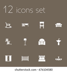 Set Of 12 Situation Icons Set.Collection Of Worktop, Cot, Rocking Furniture And Other Elements.