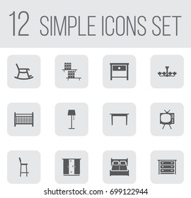 Set Of 12 Situation Icons Set.Collection Of Bookcase, Bedside Table, Illuminator And Other Elements.