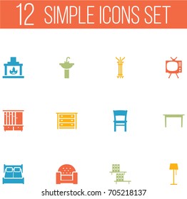 Set Of 12 Situation Icons Set.Collection Of Chimney, Desk, Stool And Other Elements.