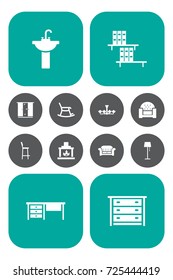 Set Of 12 Situation Icons Set.Collection Of Commode, Illuminator, Couch And Other Elements.