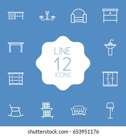Set Of 12 Situation Outline Icons Set.Collection Of Washbasin, Desk, Moving Chair And Other Elements.