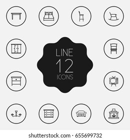 Set Of 12 Situation Outline Icons Set.Collection Of Moving Chair, Nightstand, Drawer Unit Elements.