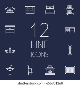 Set Of 12 Situation Outline Icons Set.Collection Of Nightstand, Hanger, Washbasin Elements.