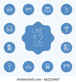 Set Of 12 Situation Outline Icons Set.Collection Of Armchair, Table, Desk And Other Elements.