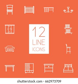 Set Of 12 Situation Outline Icons Set.Collection Of Desk, Nightstand, Bookshelf Elements.