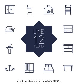 Set Of 12 Situation Outline Icons Set.Collection Of Fireplace, Table, Armchair And Other Elements.