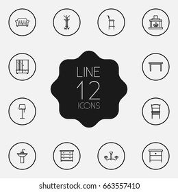 Set Of 12 Situation Outline Icons Set.Collection Of Fireplace, Hanger, Drawer Unit And Other Elements.