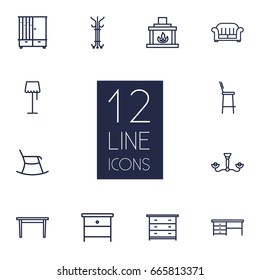 Set Of 12 Situation Outline Icons Set.Collection Of Bar Stool, Chandelier, Moving Chair Elements.