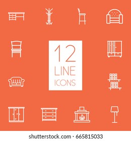 Set Of 12 Situation Outline Icons Set.Collection Of Bookshelf, Desk, Fireplace And Other Elements.