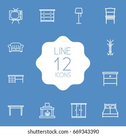 Set Of 12 Situation Outline Icons Set.Collection Of Floor Lapm, Nightstand, Hanger Elements.