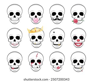 Conjunto de 12 caras de cráneo. Divertido estilo de dibujos animados. Ilustración vectorial.
