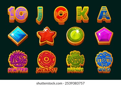 Set of 12 slot symbols Aztec or Mayan theme. Ui element for jackpot in gambling. Style Icons for 2D Games and Casino or Slots. Graphic elements for the development of slot machines