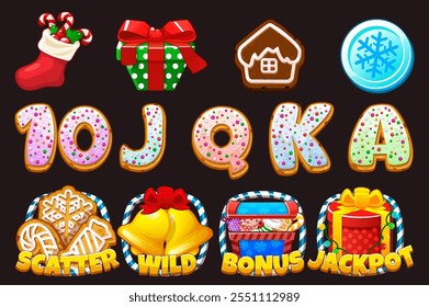 Set of 12 slot symbols Christmas theme. Christmas or winter game slot icon, casino badge set, web UI x-mas design element kit for your slot game. Bonus, Wild, Jackpot and Scatter icons