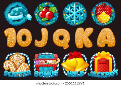 Set of 12 slot symbols Christmas theme. Christmas or winter game slot icon, casino badge set, web UI x-mas design element kit. Bonus, Wild, Jackpot and Scatter icons for your slot game.