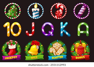 Set of 12 slot symbols Christmas theme. Christmas or winter game slot icon, vector casino badge set, web UI x-mas design element kit