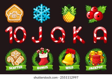 Set of 12 slot symbols Christmas theme. Christmas or winter game slot icon, casino badge set, web UI x-mas design element kit for your slot game